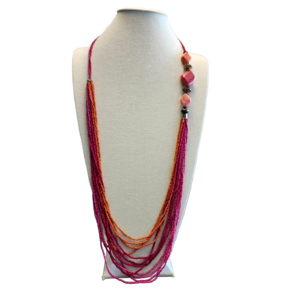 Vintage Multi Strand Pink & Orange Seed Bead Necklace , 36" Long